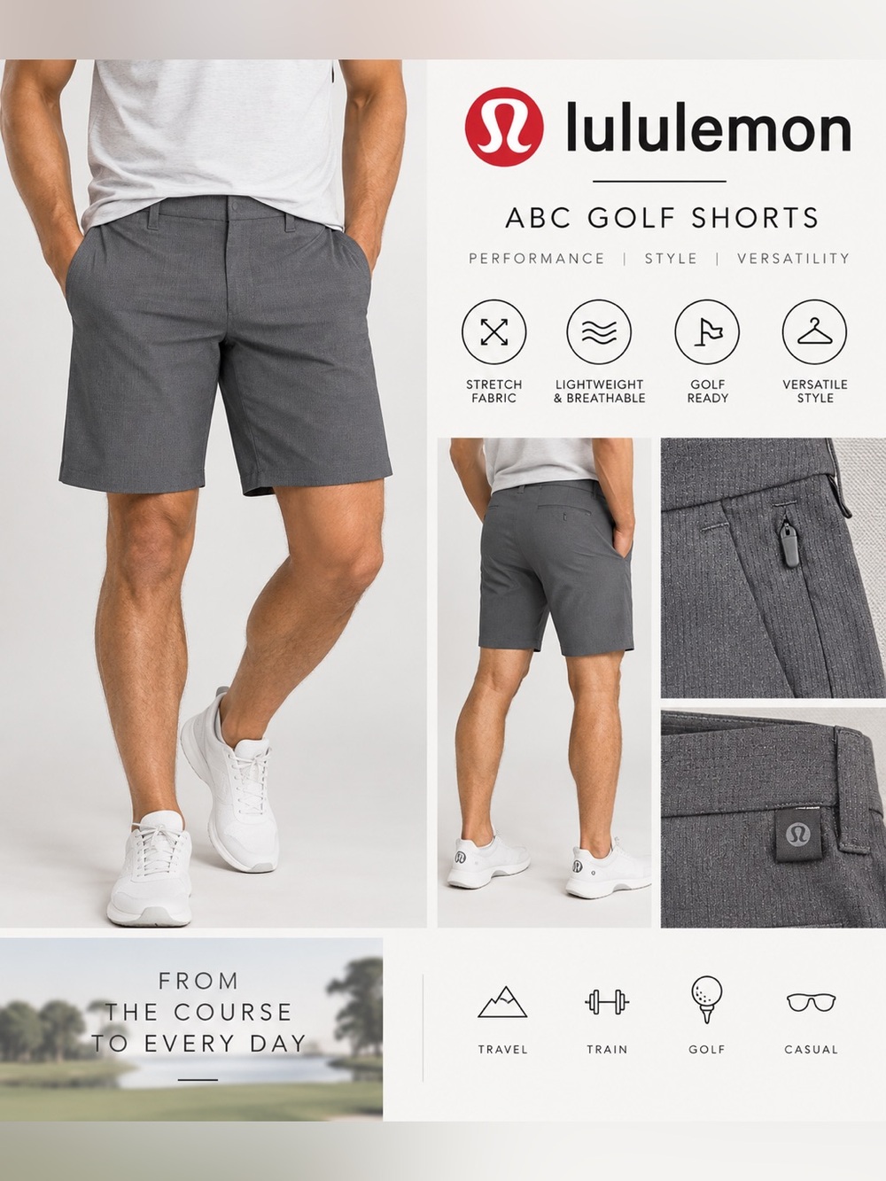Lululemon ABC Golf Shorts Mens 33 Gray Stretch Performance Flat Front